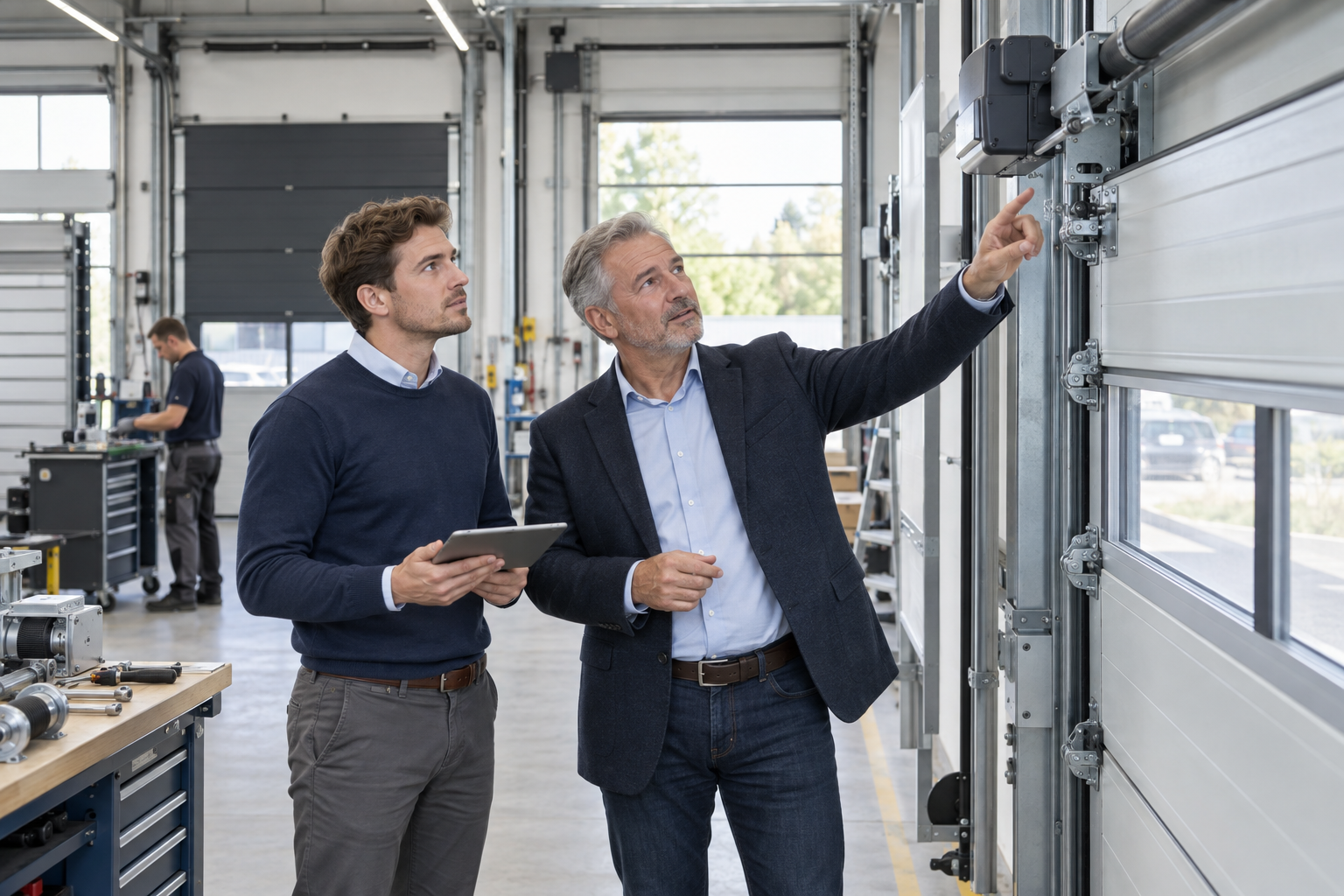 Eigentümer zeigt einem Nachfolger Torsysteme und Antriebstechnik in einer hellen Werkstatt